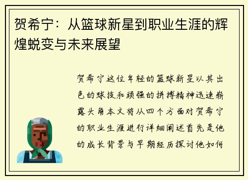 贺希宁：从篮球新星到职业生涯的辉煌蜕变与未来展望
